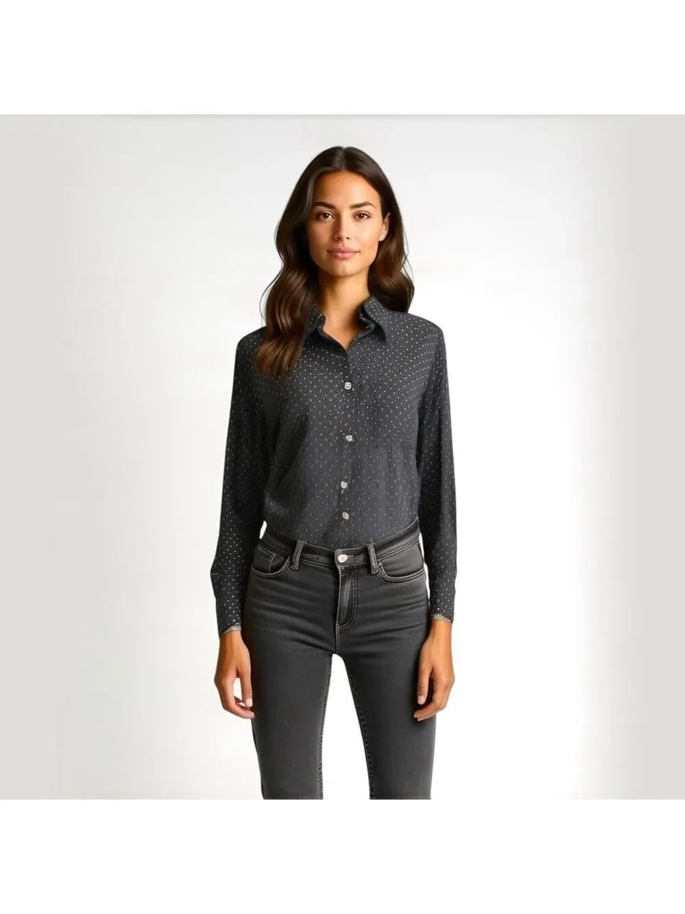 Women's Solitaire Black & White Patterned Collared Button-up Blouse Size S New - Picture 2 of 13